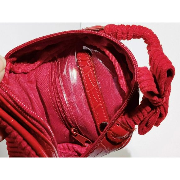 Mini Red Corduroy Cotton Full Zip Jewelry Travel Bag Bow on Handle Inside Pocket - Picture 9 of 15